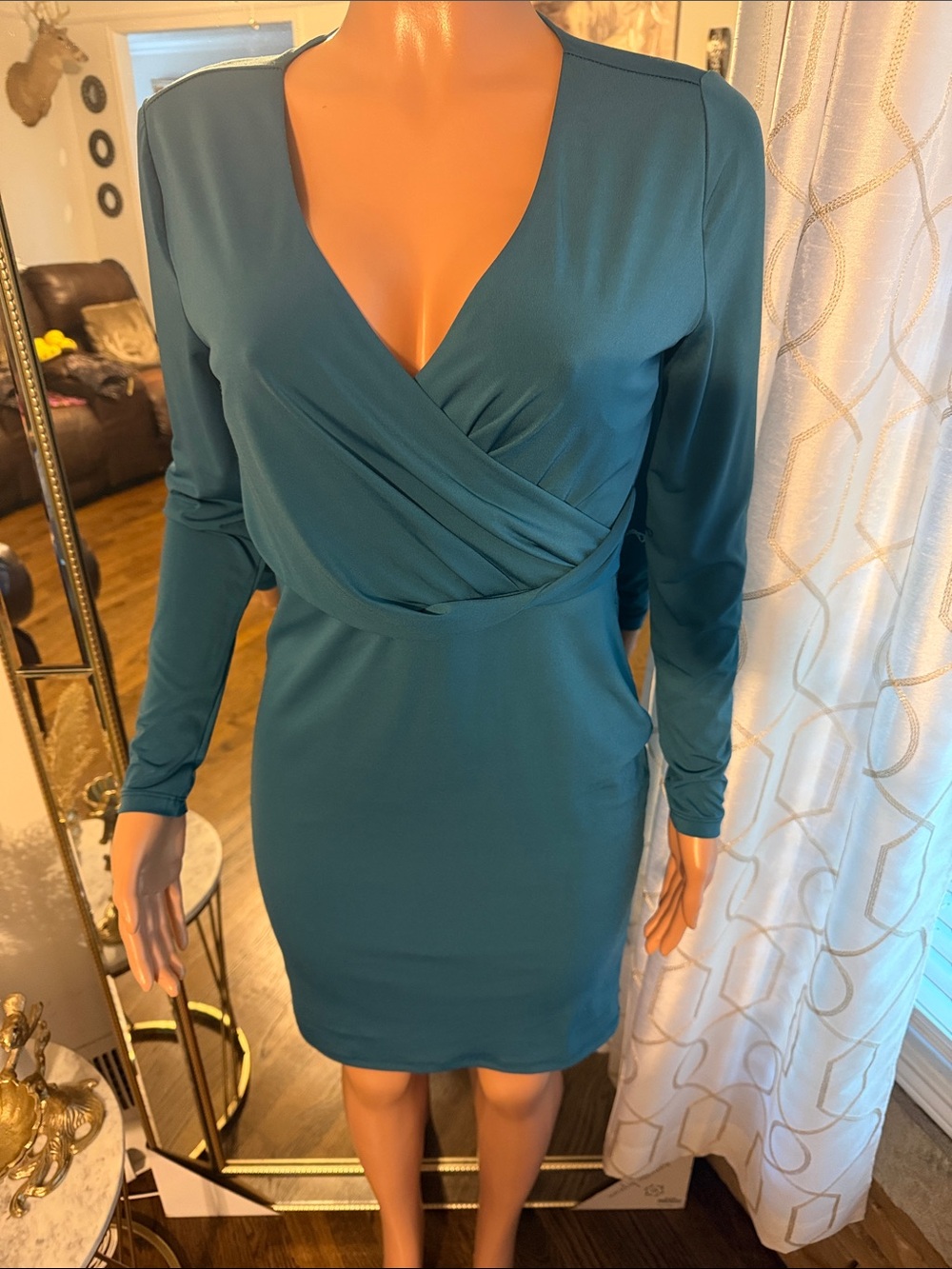 Thalia Sodi Teal Faux-Wrap Long-Sleeve Sheath Dress